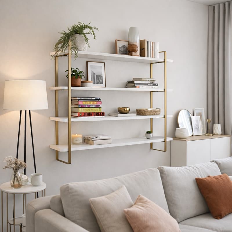 Prateleira Industrial De Parede 4 Níveis 1,00x80 Aço Arnad | Dourada Com Prateleiras Brancas - Nicho Decoração