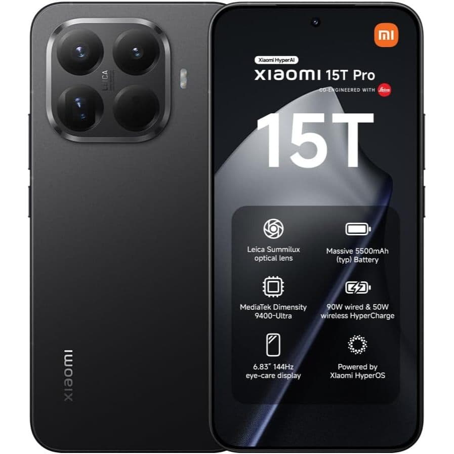 Xiaomi 15T Pro smartphone com quatro câmeras e especificações técnicas na tela