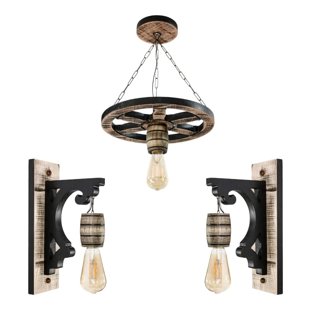 Kit 3 Luminárias Roda de Carroça e Arandelas Rústicas Retrô Vintage Para Área de Festas