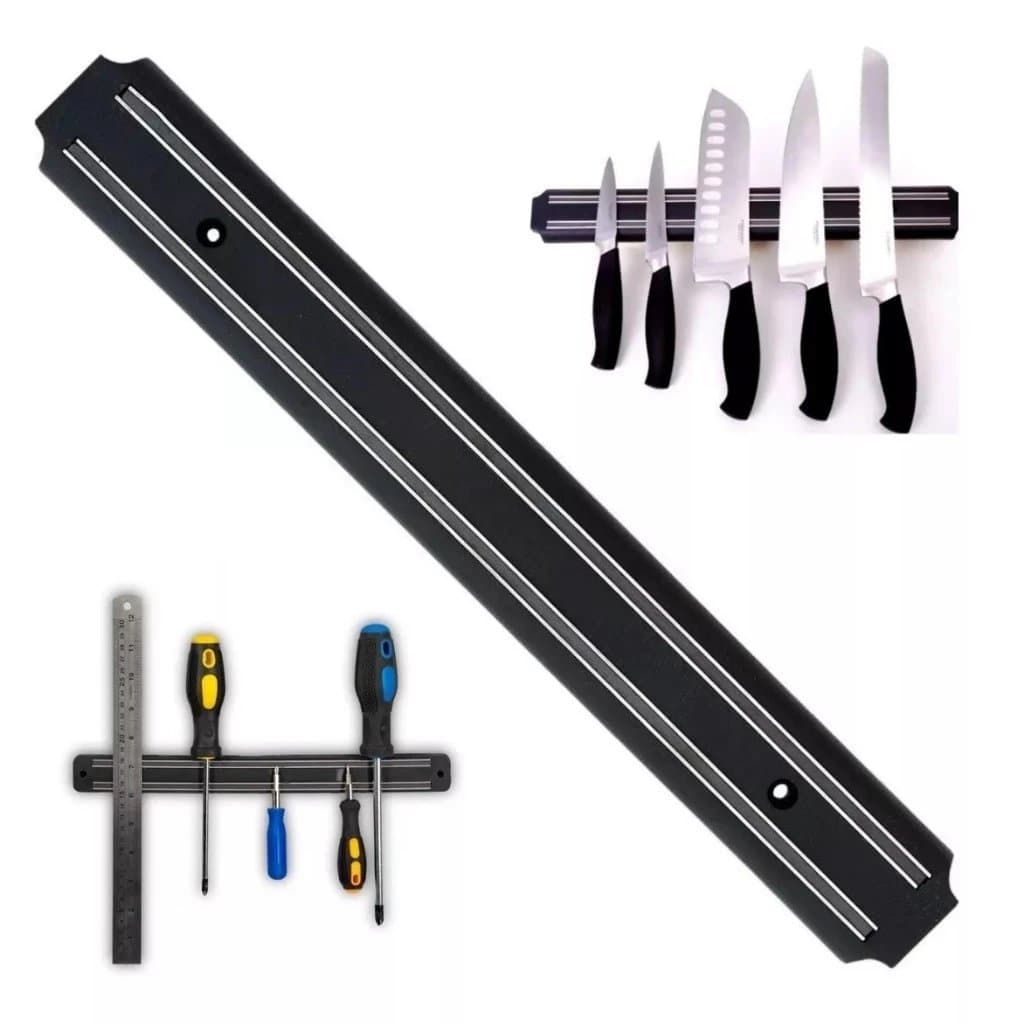 Barra magnética preta para facas de parede com 33cm x 5cm, aço inoxidável, mostrando facas e ferramentas presas