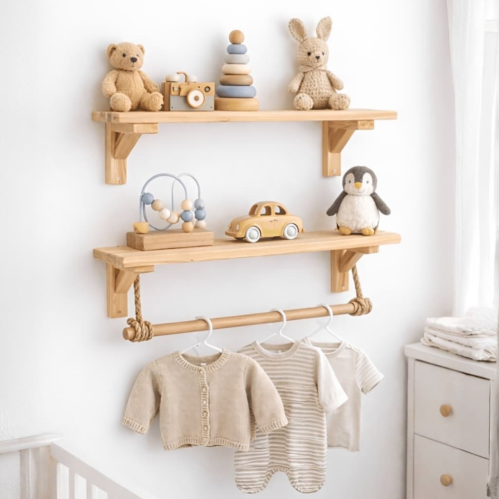 Kit 2 Prateleiras Infantil Montessoriana Pinus com Barra e Corda Sisal + 3 Cabides