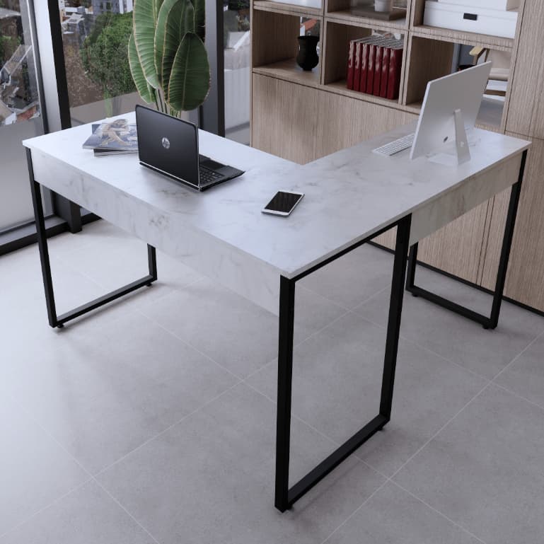 Mesa de canto em L branca com estrutura metálica preta, ideal para escritório ou quarto