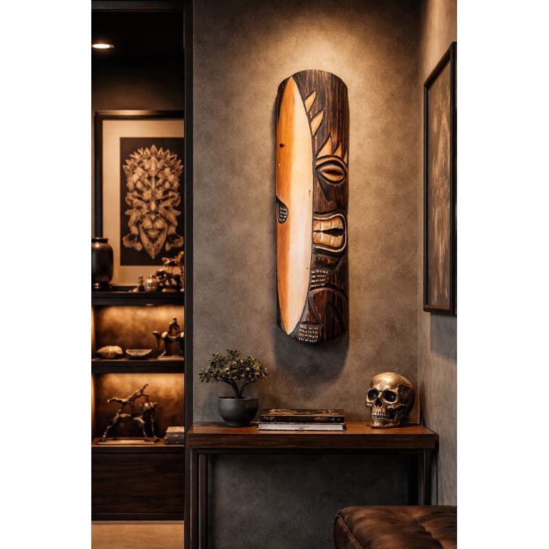 Máscara Carranca Africana Tribal de Madeira 50 CM — Decoração de Parede Boho / Étnica (Estilo Tiki) - Entalhada à Mão
