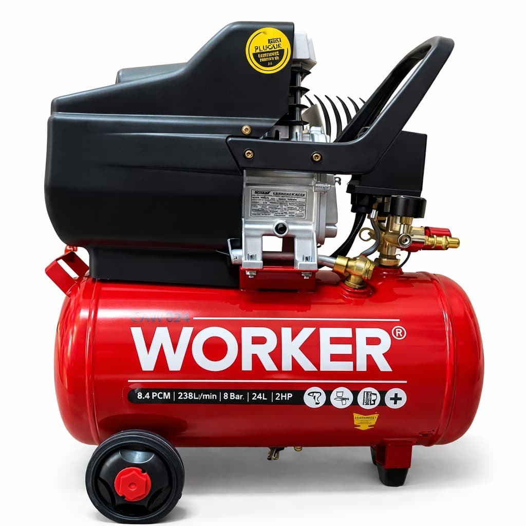 Compressor de ar Worker 24 litros vermelho, portátil, 8,4 pcm, 2 hp, monofásico, com rodas
