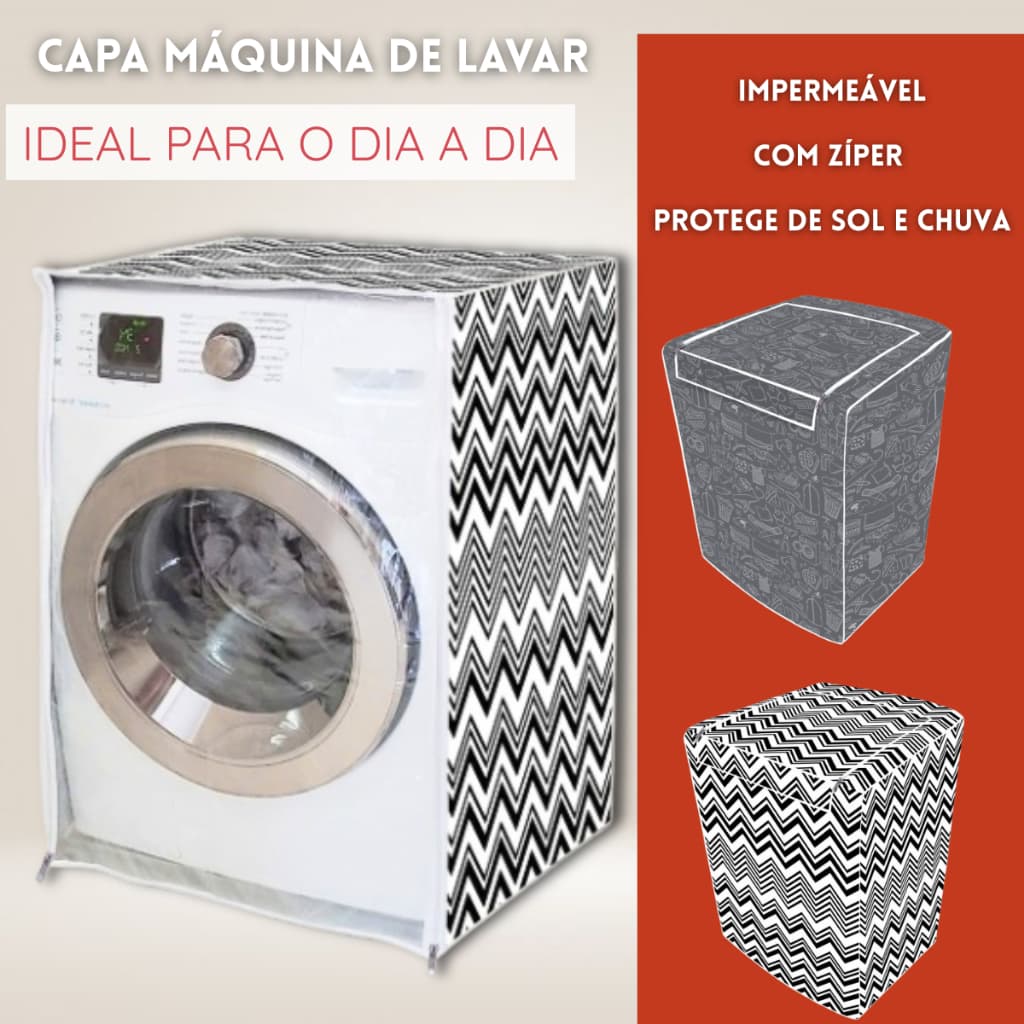 Capa impermeável para máquina de lavar roupa com zíper, padrão geométrico preto e branco