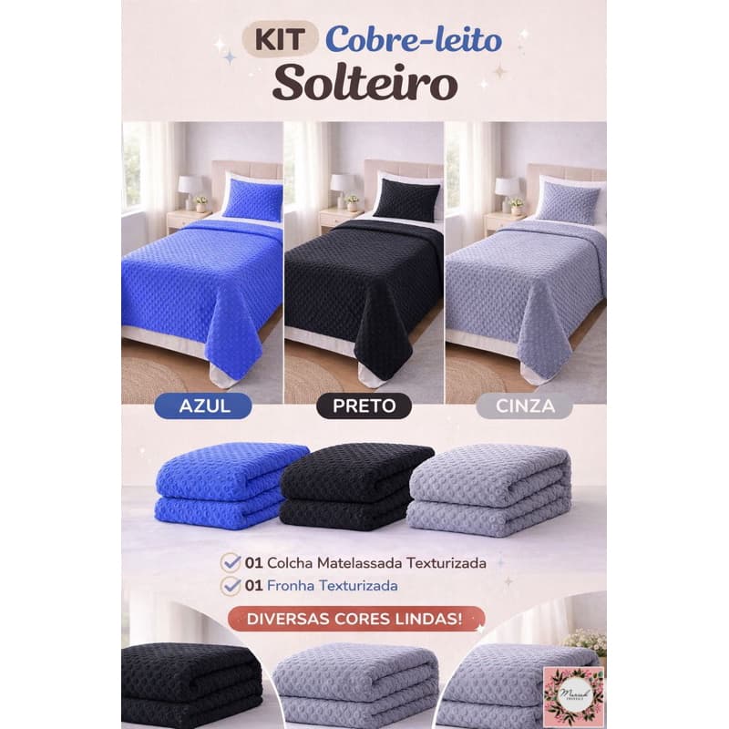 Kit cobertor solteiro azul, preto e cinza com fronha texturizada