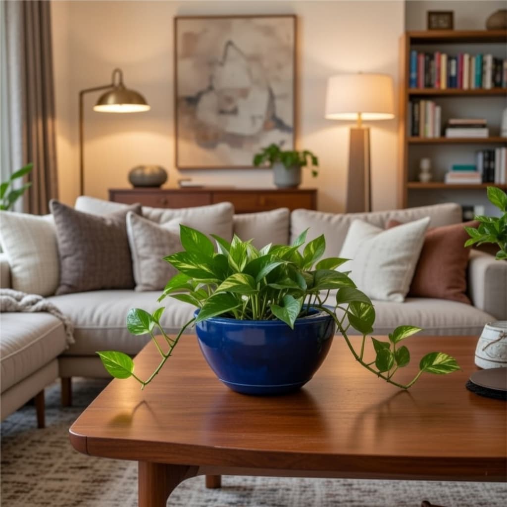 Vaso para plantas azul brilhante estilo vietnamita em uma sala de estar com uma planta verde