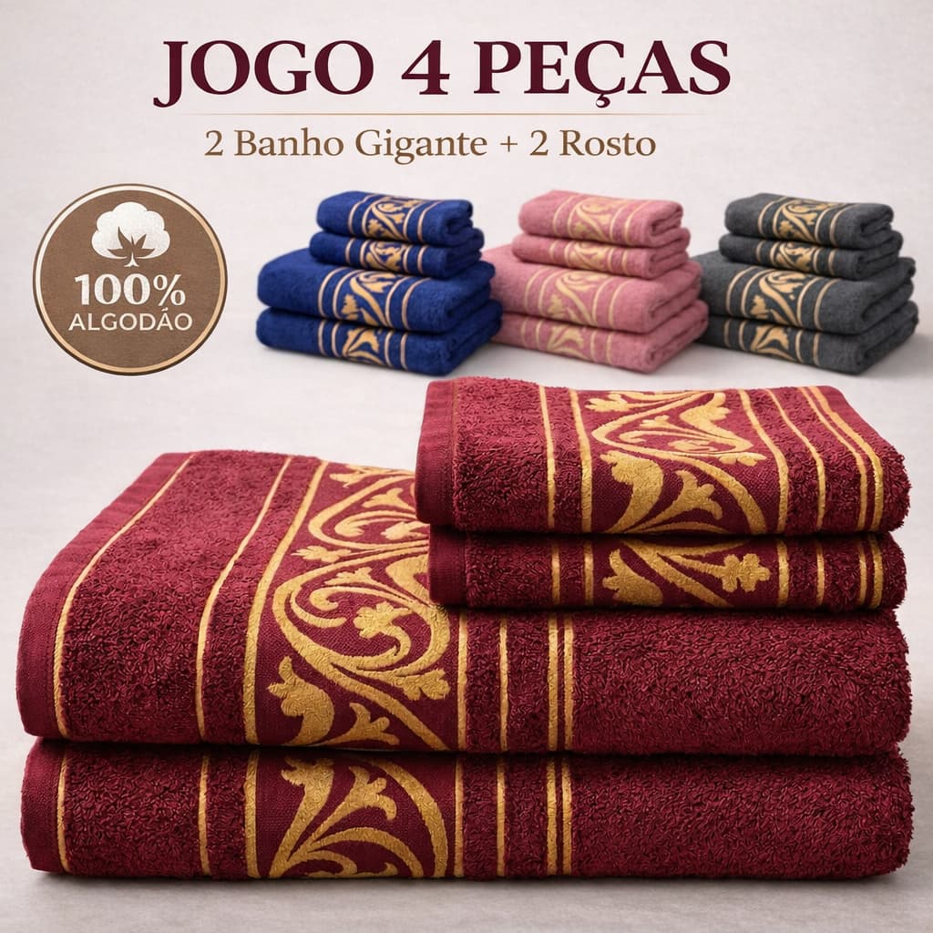 Kit 4 peças toalhas de banho e rosto de algodão com estampas douradas