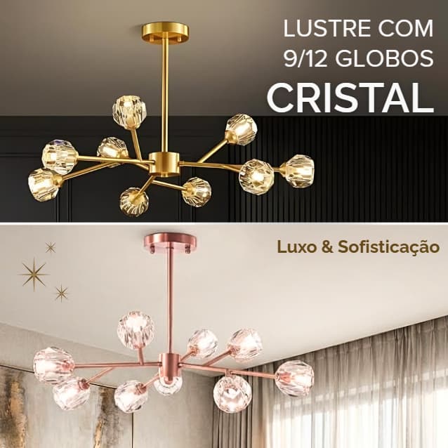 Luminária pendente de teto com 9/12 globos de cristal em dourado e cobre, design moderno, suspensa no teto.