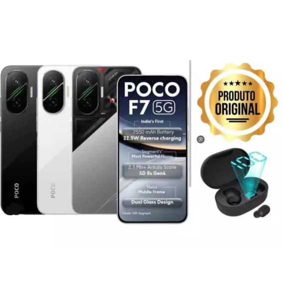 Smartphone Xiaomi Poco F7 5G com câmera 50MP, fone de ouvido e selo de produto original