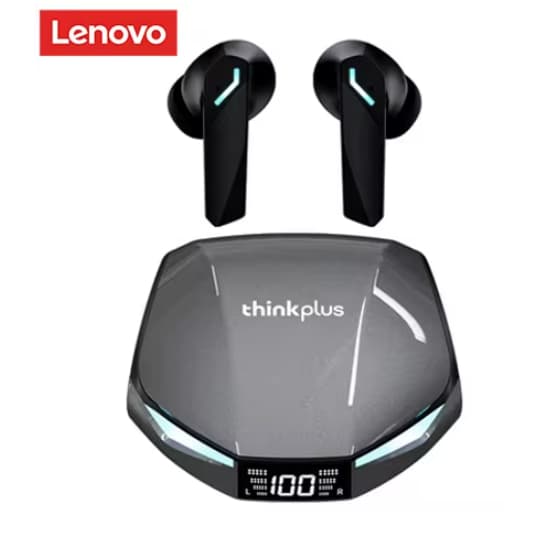 Fone de ouvido TWS Lenovo Thinkplus XT53 preto com detalhes em cinza e verde neon