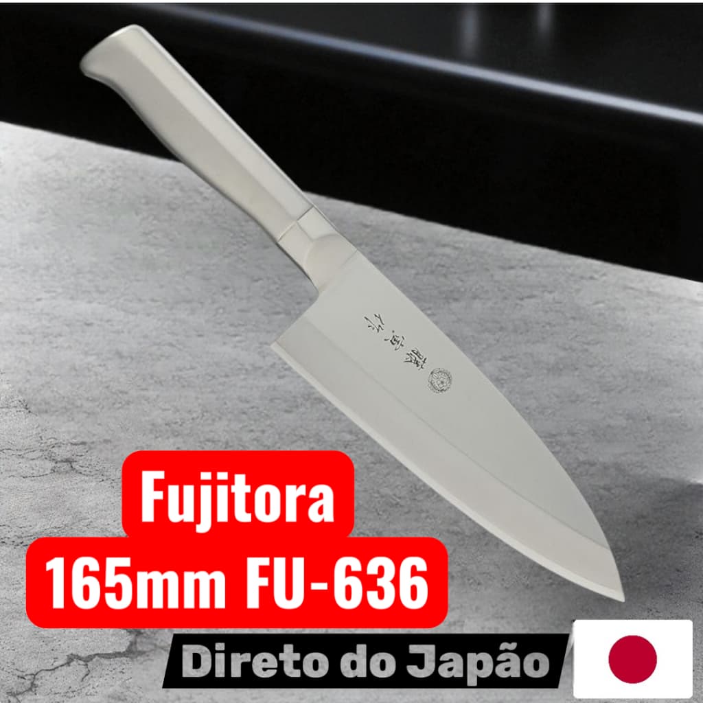 Faca Fujitora Deba FU-636, 165mm, fabricada no Japão, com cabo branco e lâmina afiada.
