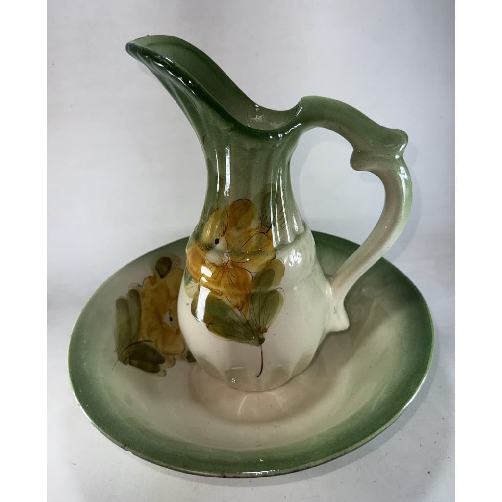 Antigo Conjunto Porcelana/Faiança Jarro 28cm + Bacia/Lavatório Estilo Gomil