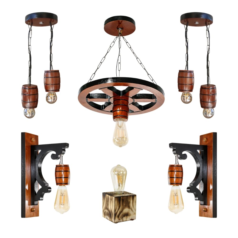 Kit 6 luminárias pendentes e arandelas rústicas vintage - Mogno