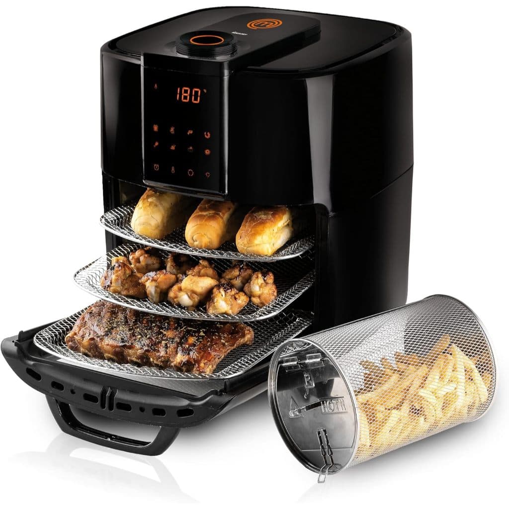 Fritadeira elétrica sem óleo Mallory Oven Masterchef com alimentos fritos, preta, fundo branco