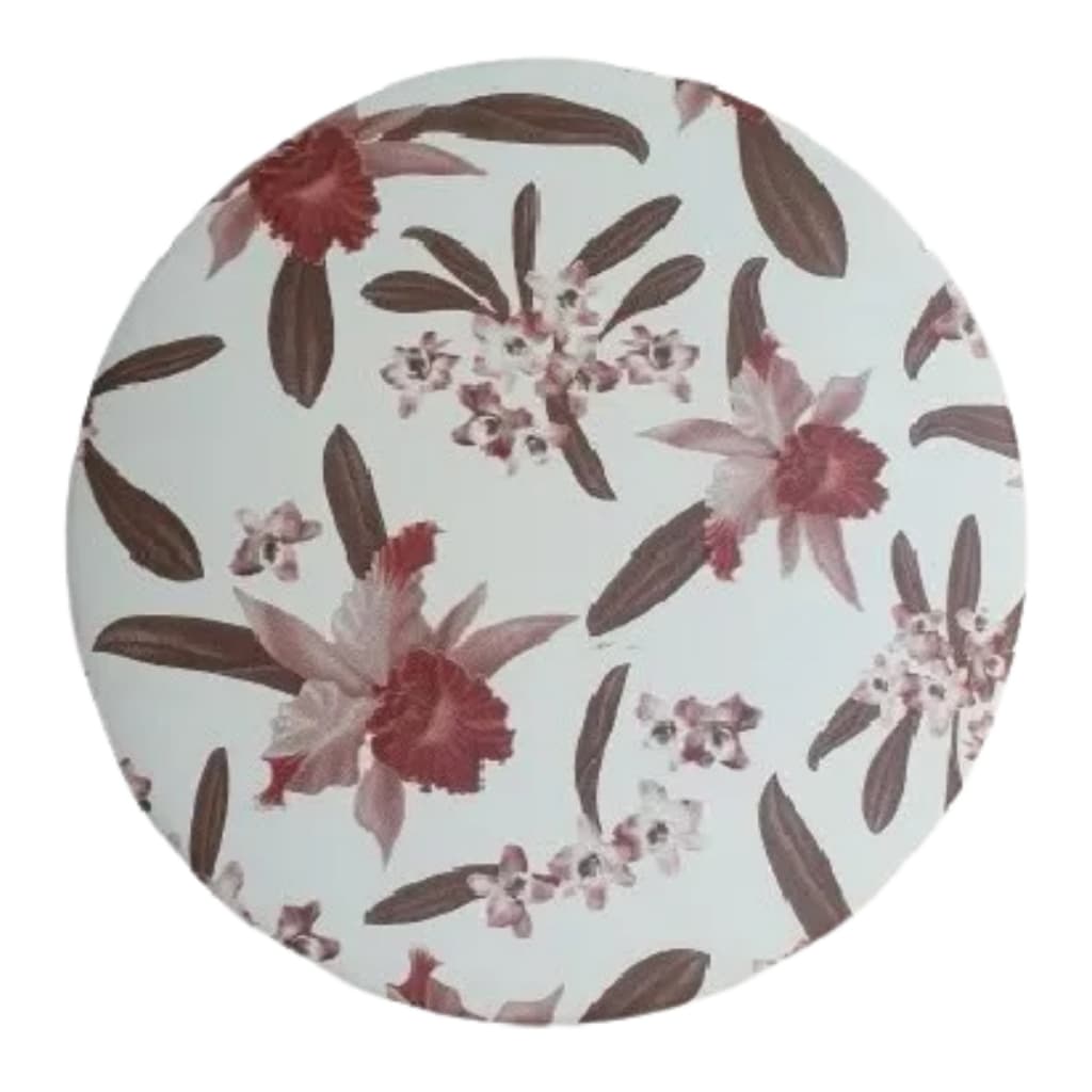 Assento almofadado circular com padrão floral rosa e marrom, diâmetro 36cm.