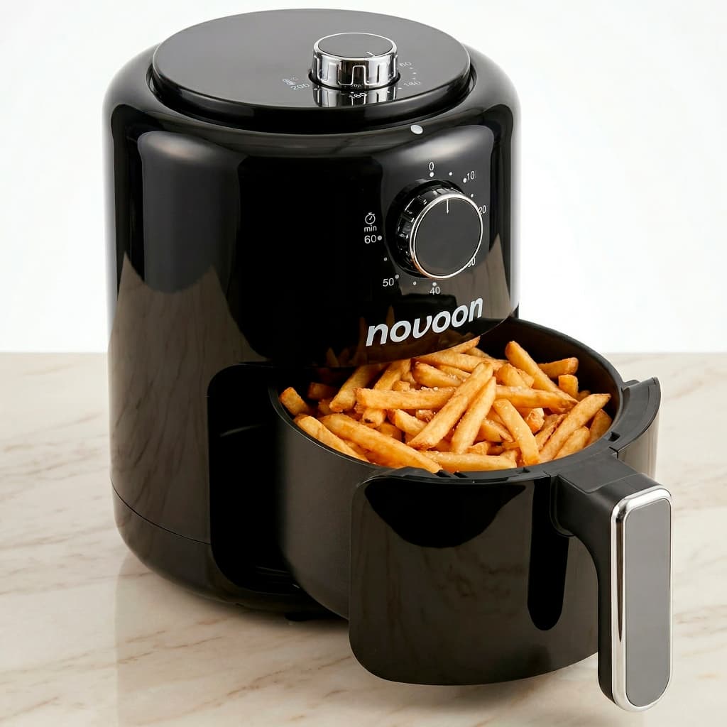 Mini fritadeira de ar preta Novoon 2L com fritas prontas, controles rotativos e alça lateral, contra fundo branco.
