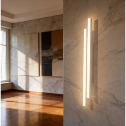 Luminária arandela linear dupla suspensa em parede de mármore branco
