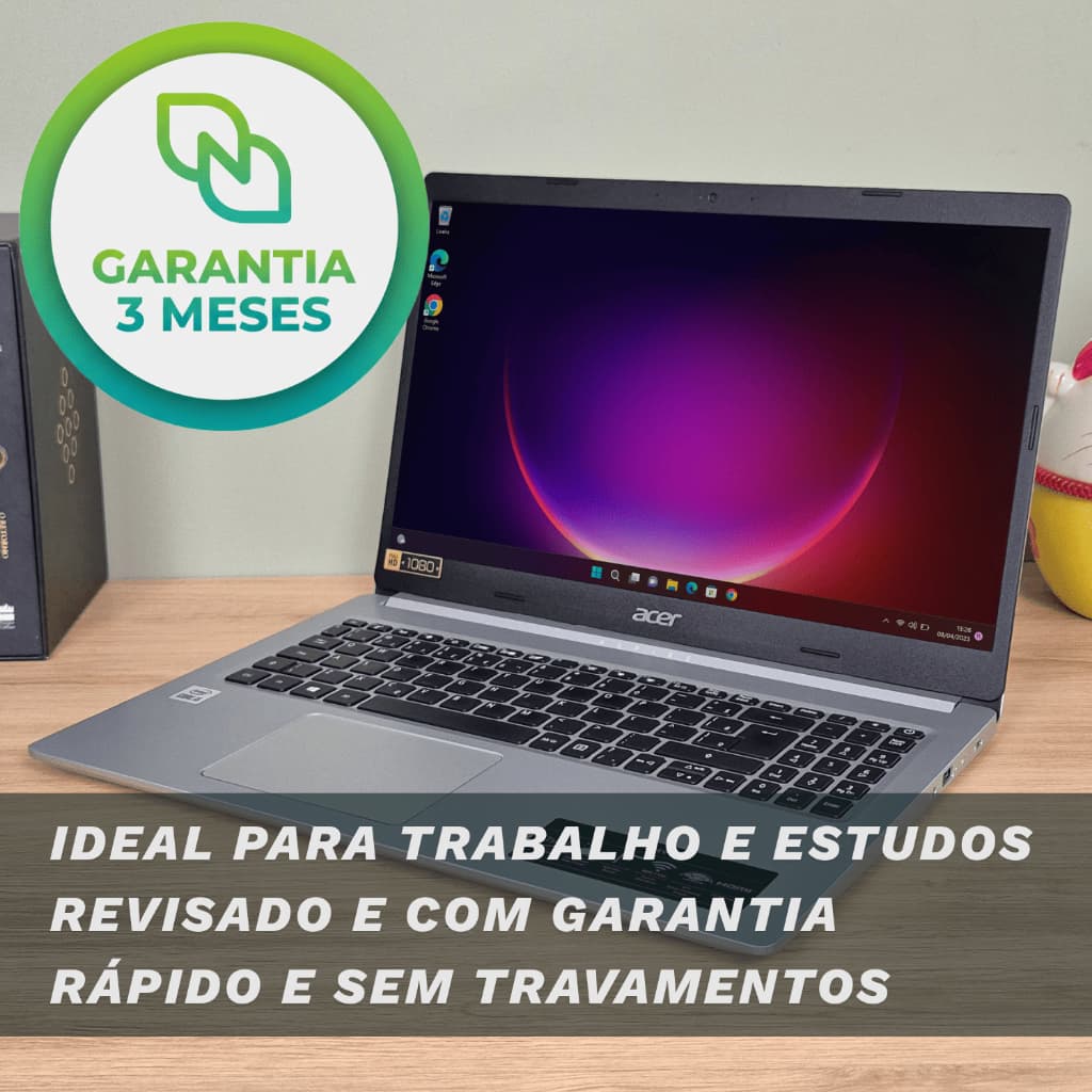 Notebook Acer aberto com tela mostrando imagem de lua, ideal para trabalho e estudos com garantia de 3 meses