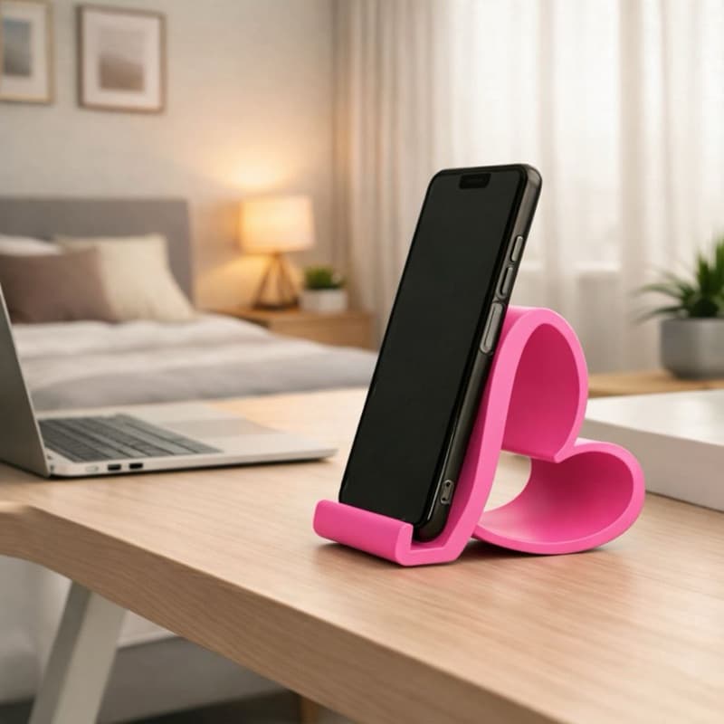 Suporte de celular em forma de coração rosa para mesa, ideal para sala, escritório ou home office.