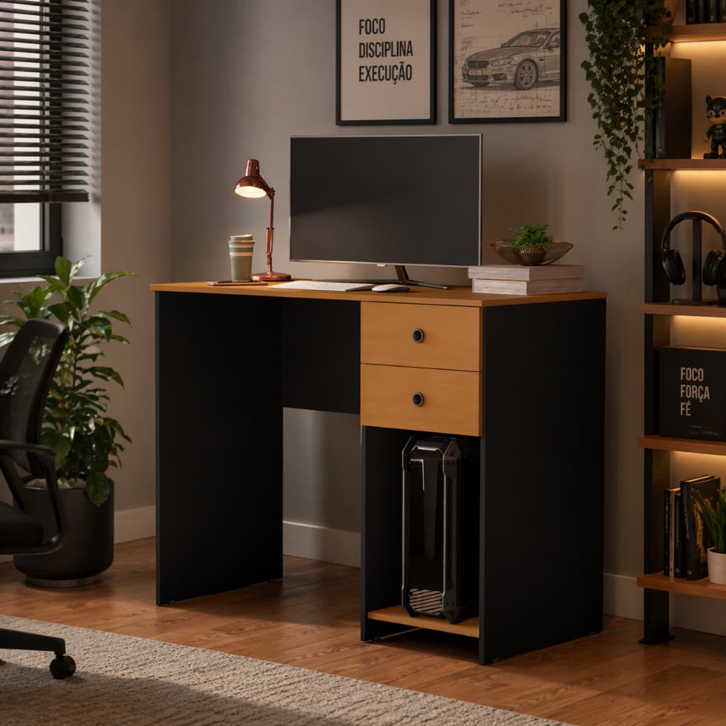 Escrivaninha para computador com 2 gavetas e suporte para CPU, escritório moderno