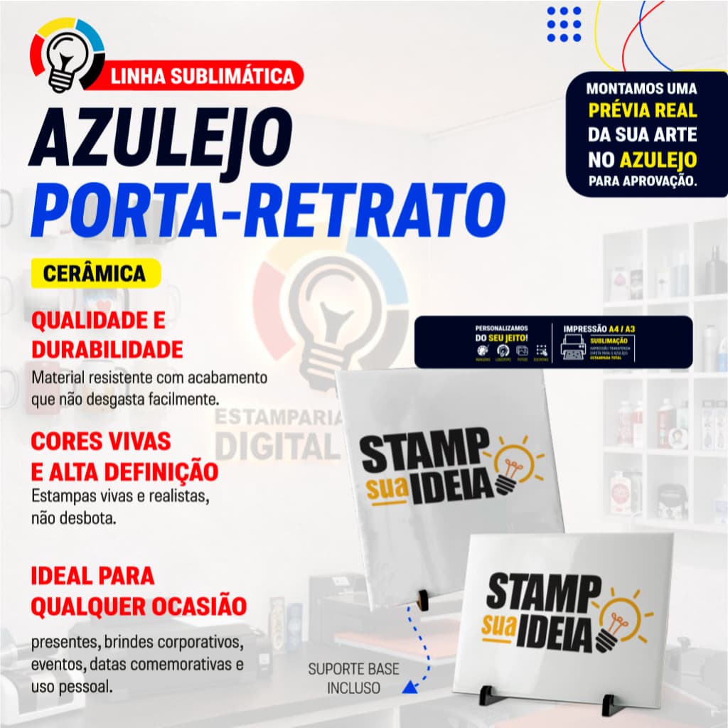 Porta-retrato azulejo de cerâmica personalizado com base, qualidade e durabilidade, cores vivas, ideal para presentes e uso pessoal.