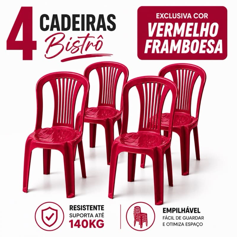 Kit 4 Cadeira Bistrô Vermelha Plástica Empilhável Reforçada Suporta 140kg Cozinha Área Externa Empilhável Eventos  Bar