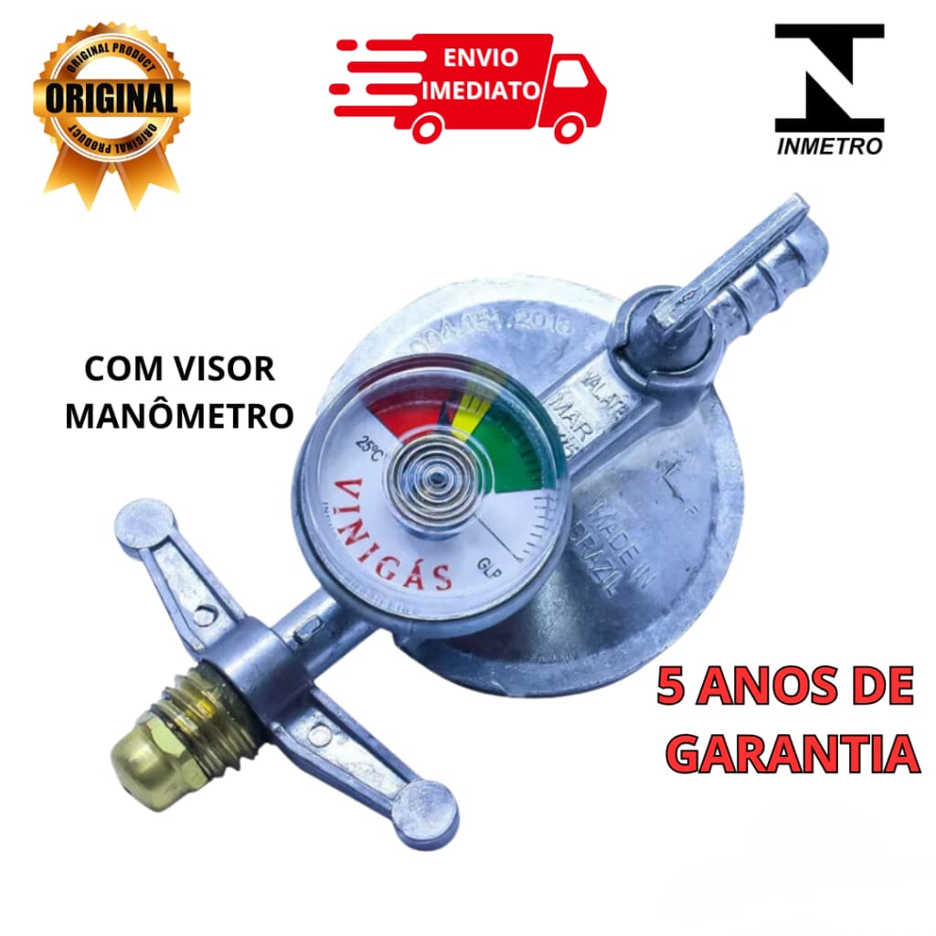 Regulador de gás com manômetro Vinigás, 5 anos de garantia