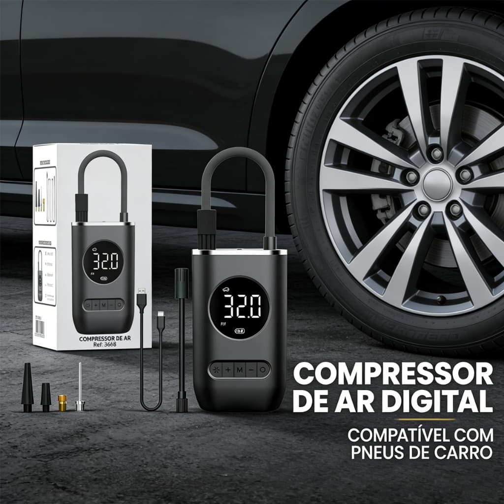 Compressor de ar digital portátil para pneus de carro, moto, bike, bicicleta, bola e piscina. Modelo elétrico com tela digital e cabo USB.
