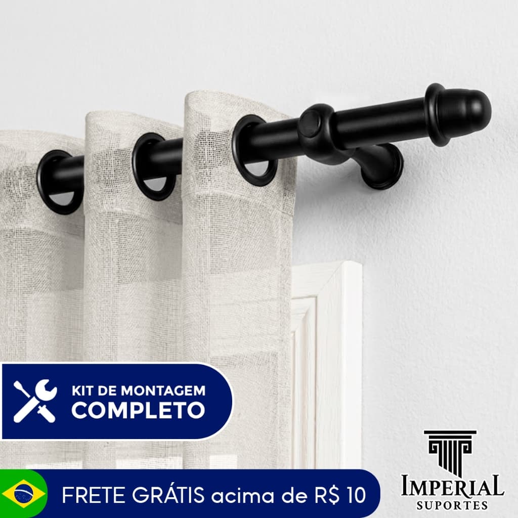 Suporte de cortina preto com varões e cortinas brancas, kit de montagem completo