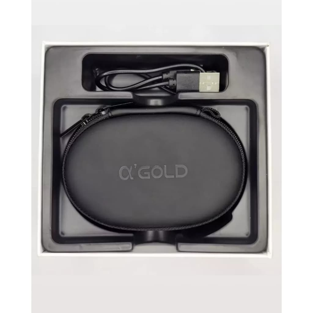 Caixa do Fone de Ouvido Bluetooth EarBuds FN-B21B A'GOLD com logotipo, fone e carregador visíveis