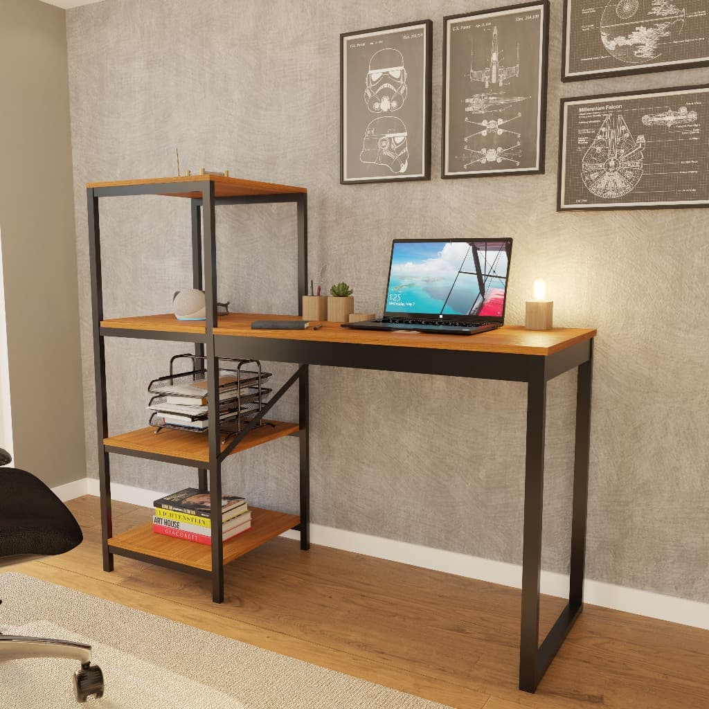 Escrivaninha Industrial com Estante Lateral 3 Prateleiras | Mesa Home Office Madeira  Cor Canela