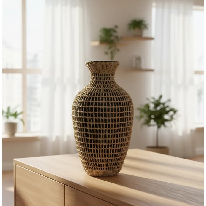 Vaso decorativo de bambu e fibra natural, marrom, com textura entrelaçada, em uma mesa de madeira.