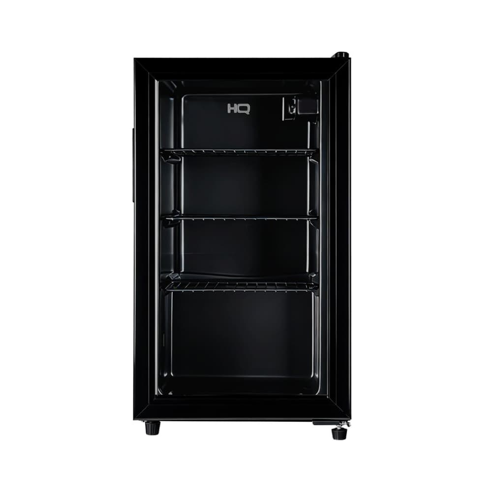 Frigobar Expositor Vertical HQ 85FBPVF 85L Preto em pé com portas de vidro e prateleiras de metal, fundo branco