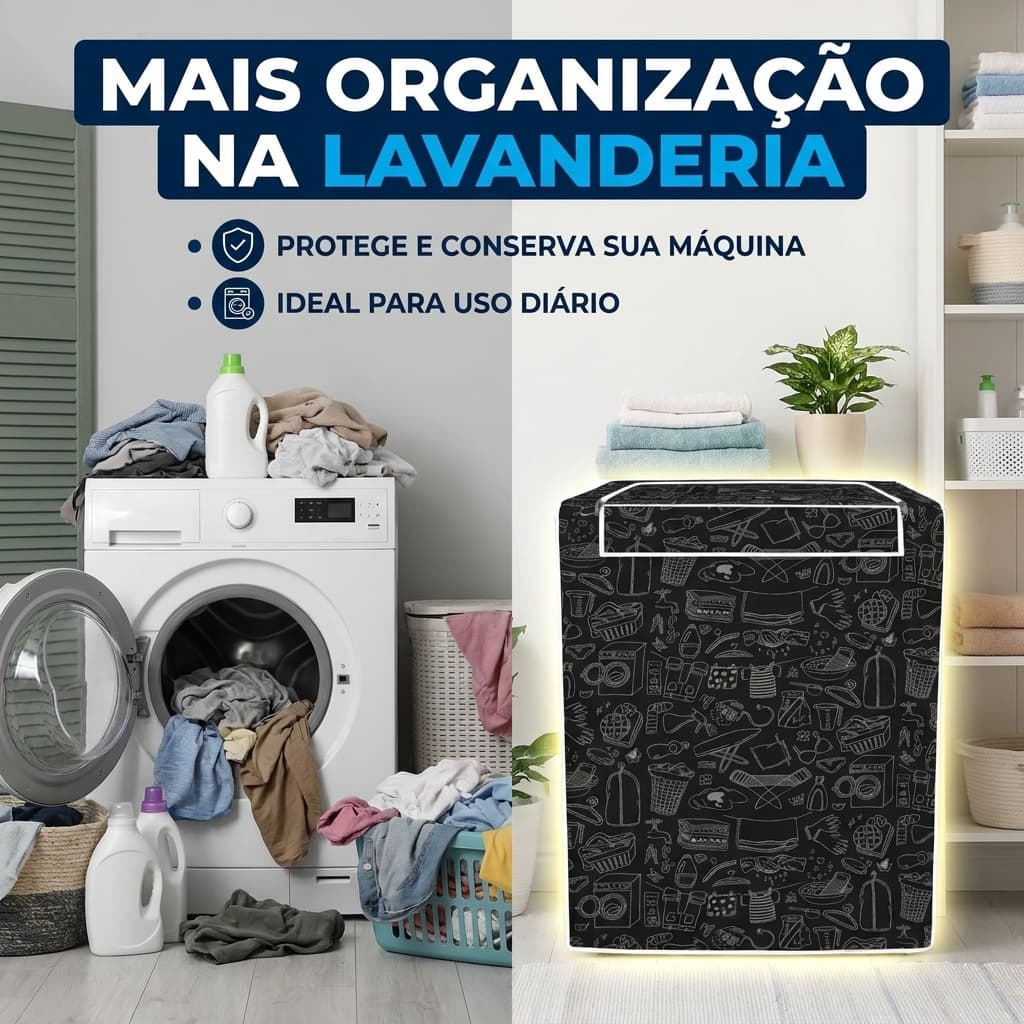 Capa protetora para máquina de lavar roupa com zíper, proteção contra poeira, água e sol, abertura superior, preto com desenhos brancos