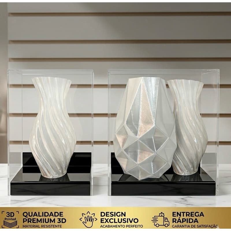 Vasos decorativos modernos espirais 3D brancos em caixas de acrílico
