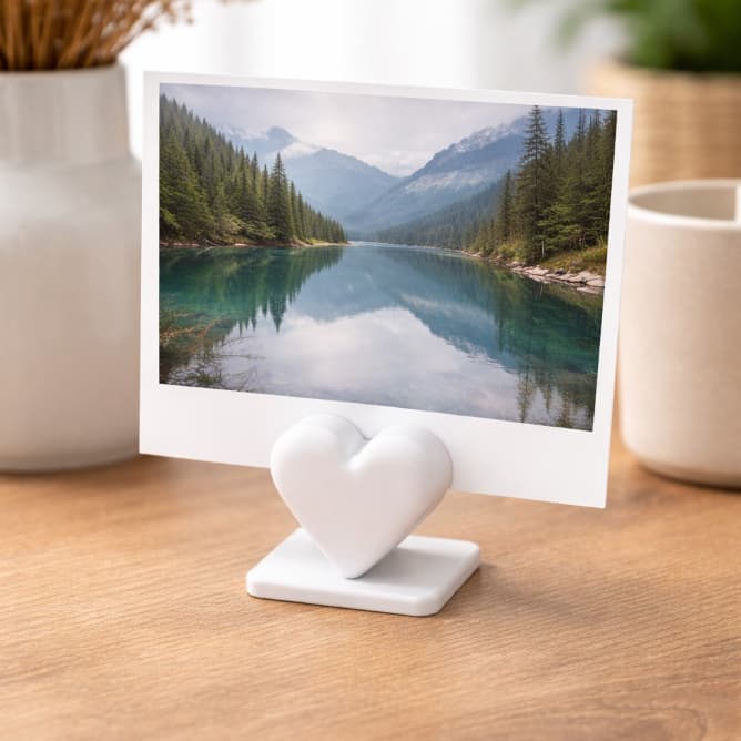 Porta retrato em forma de coração branco com foto de paisagem de lago e montanhas