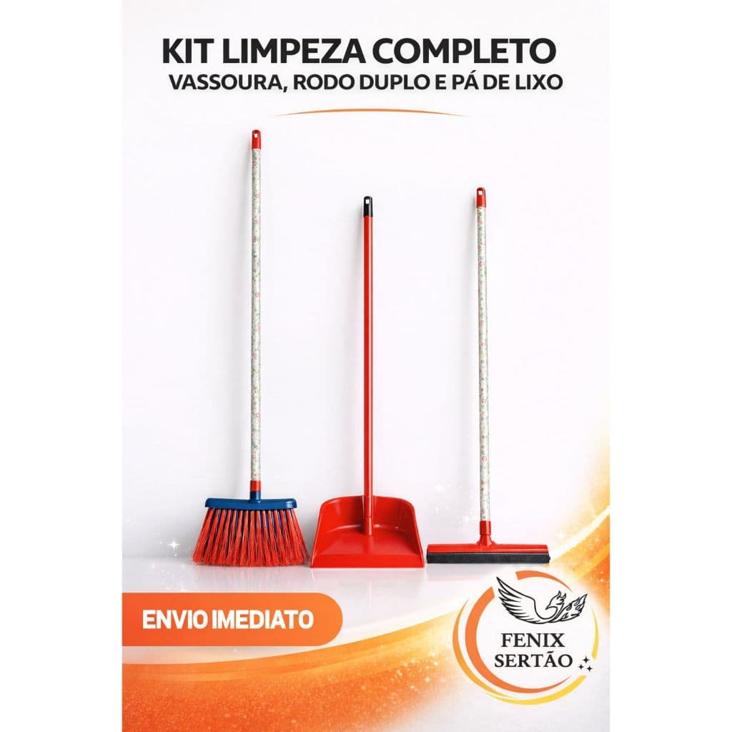 Kit Limpeza Completo Fenix Sertão  3 em 1 com Cabo | Vassoura + Rodo + Pá | Envio Imediato