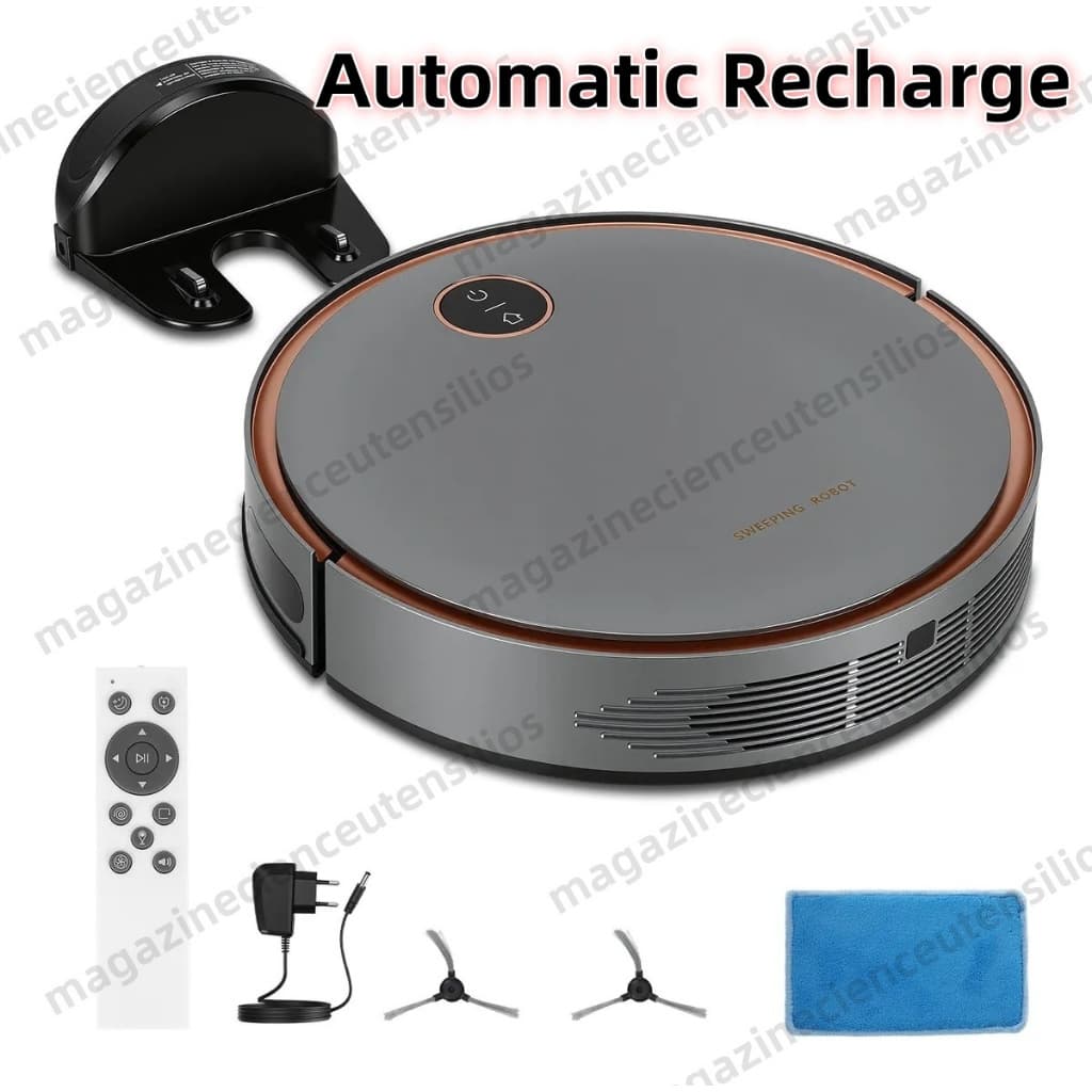 Robo aspirador cilíndrico com base de carregamento automática cinza e marrom