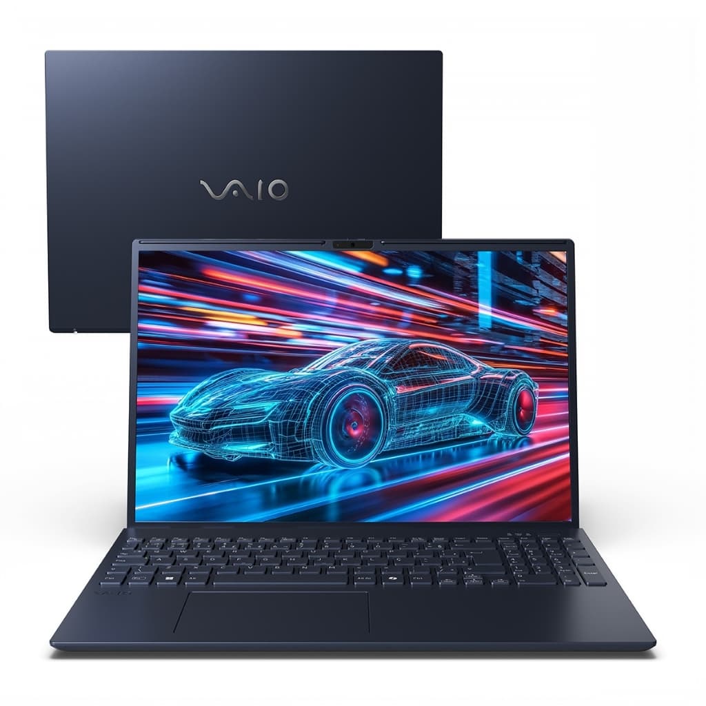 Notebook VAIO FE16 aberto com tela de carro, teclado preto, fundo branco, brilho antirreflexo.