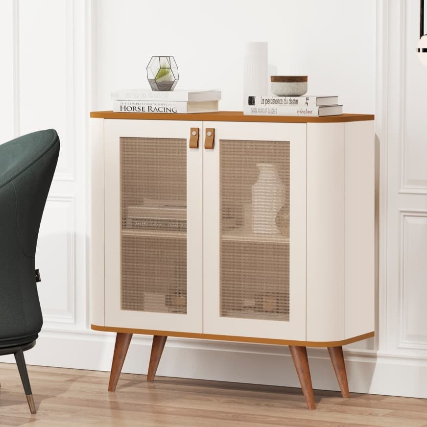 Buffet Aparador Curvo em Rattan Puxador de Couro e Pés Palito em Madeira Maciça 100%MDF