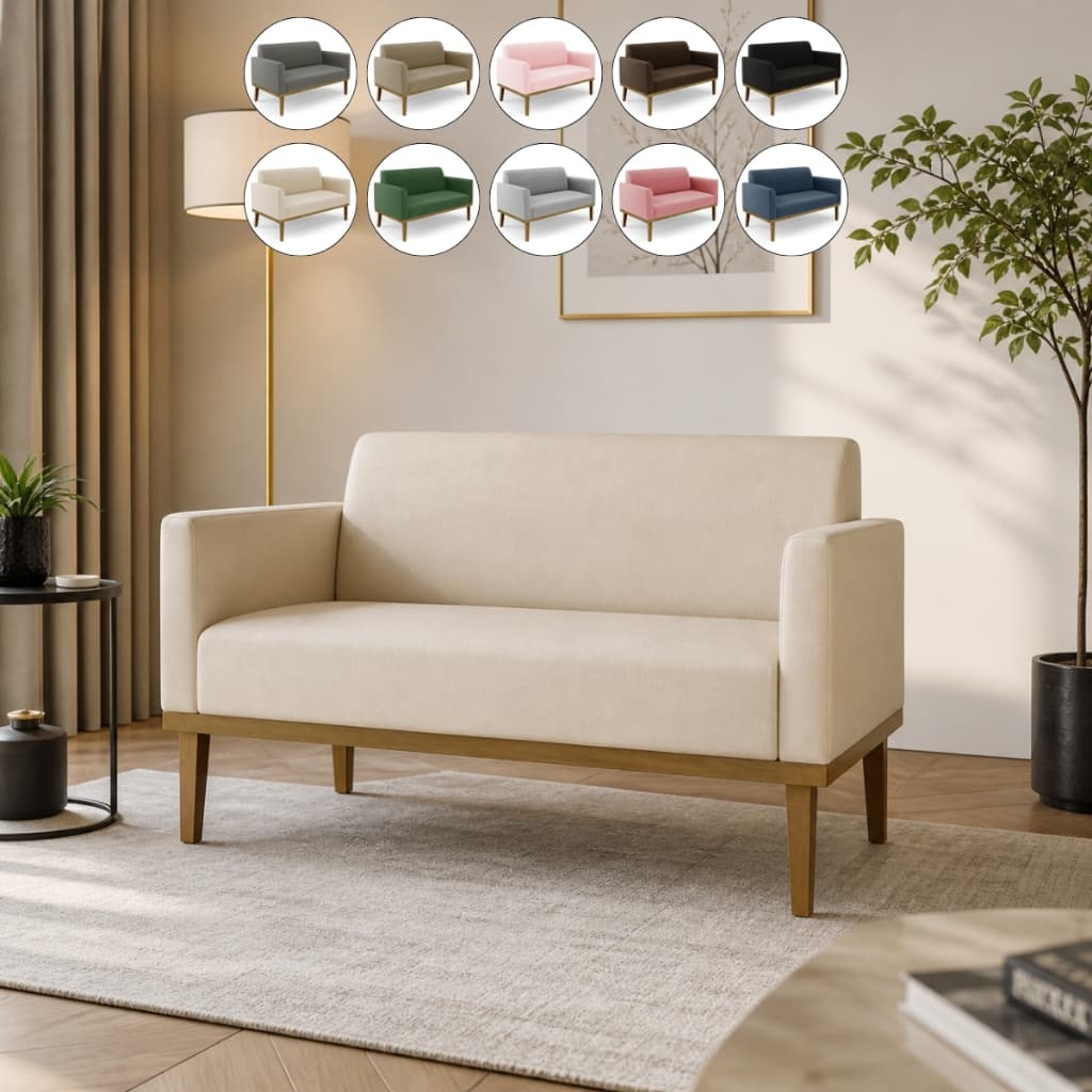 Sofá de dois lugares em suede bege com estrutura de madeira para sala, quarto ou escritório.