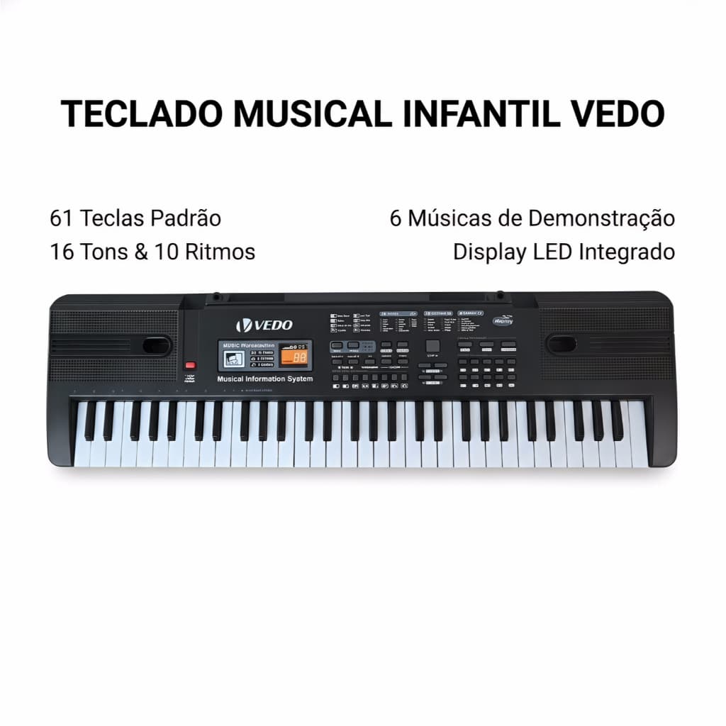 Teclado musical infantil VEDO com 61 teclas e display LED