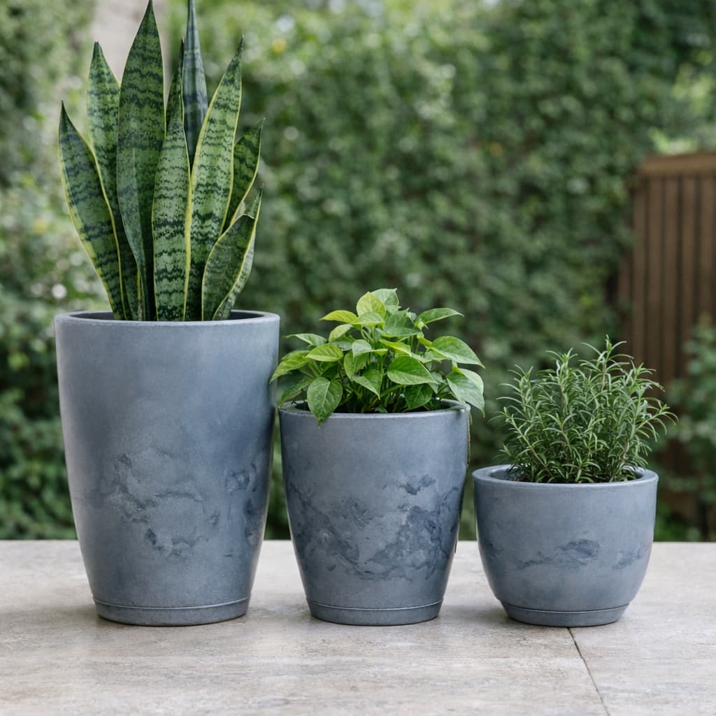 Kit de 3 vasos de plantas decorativas grandes cinza estilo vietnamita com plantas verdes