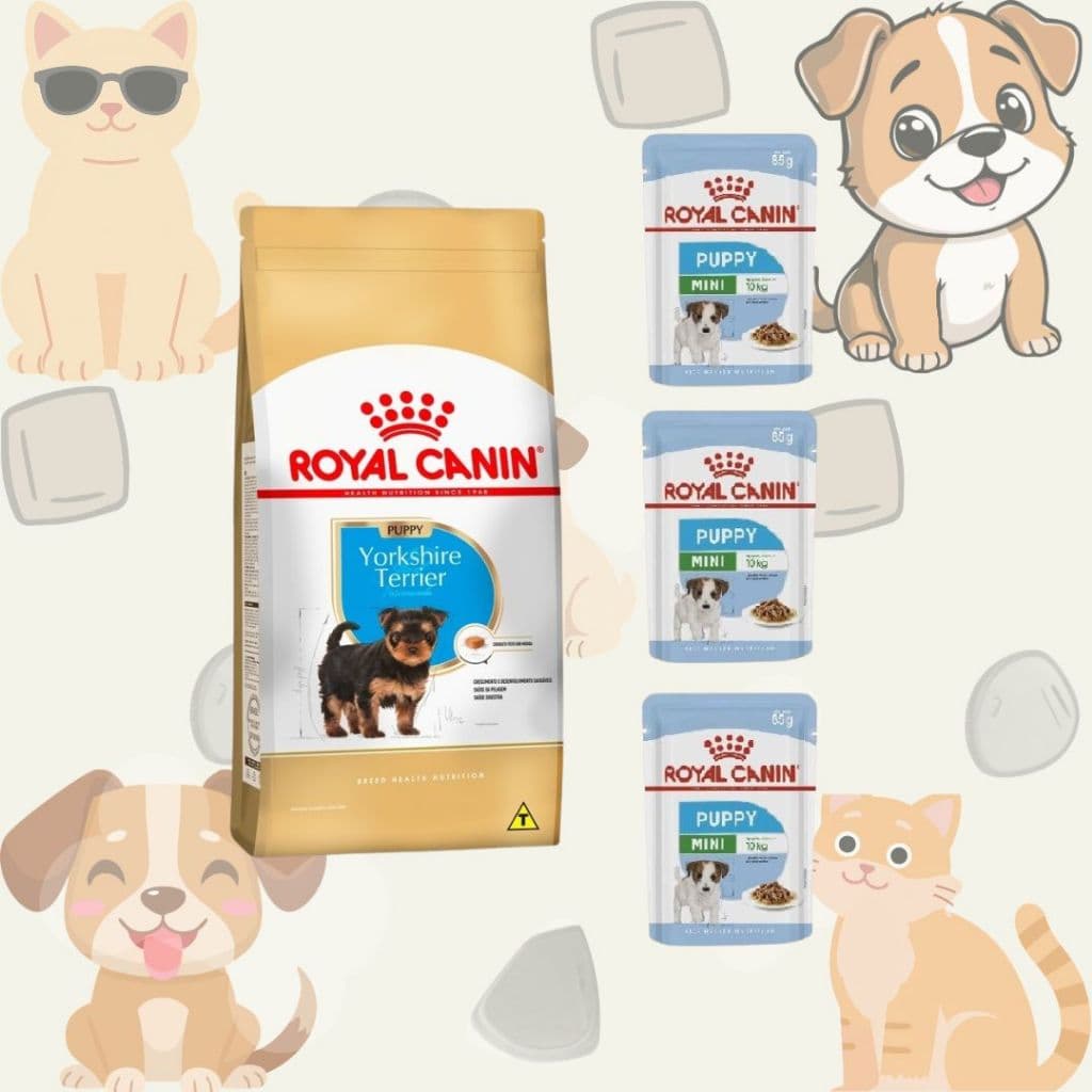 Kit Royal Canin Ração Puppy Yorkshire Terrier Seca Cães Filhotes + Ração Úmida Mini Puppy Cães Peq