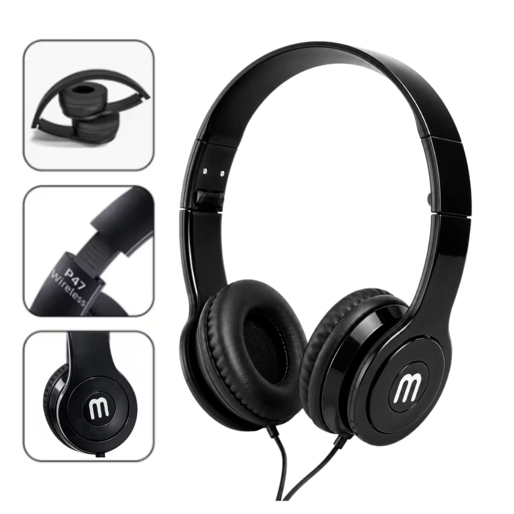 Headphone com fio preto com microfone integrado e som potente, logo 'm' na orelha, cabo P2