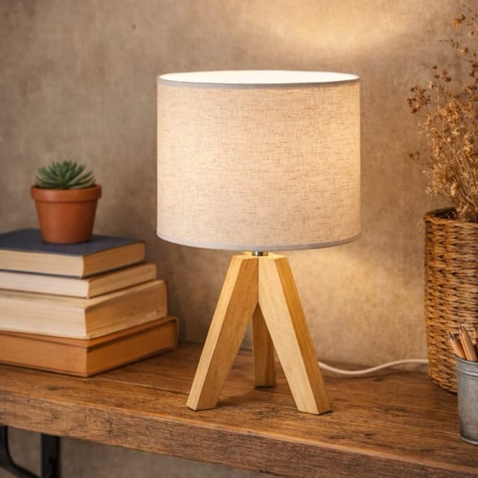 Abajur Luminária de Mesa LED USB Tripé Madeira Luz Quente 3000K Decorativa Quarto Sala Cabeceira Moderna