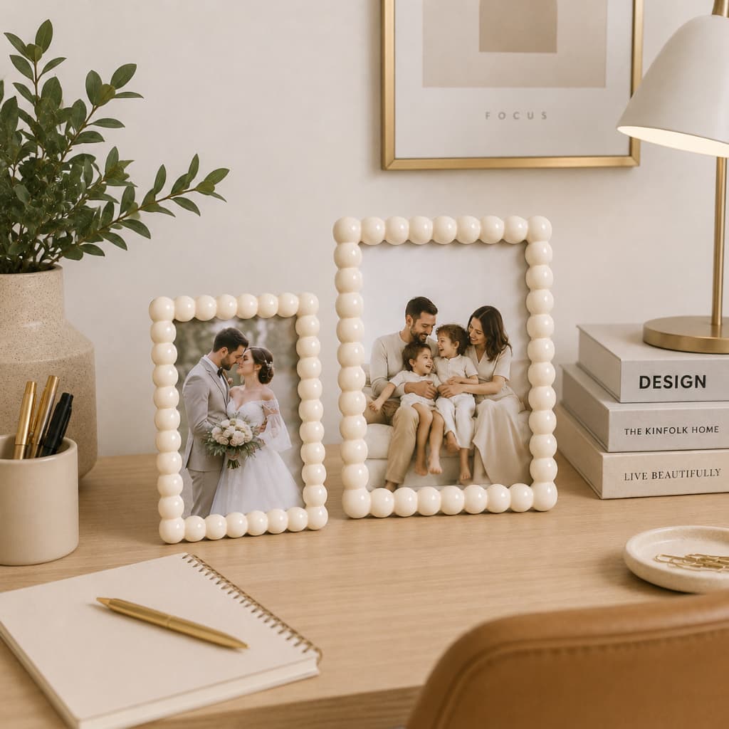 Kit de 2 porta-retratos brancos em formato bubble para fotos de casamento e família