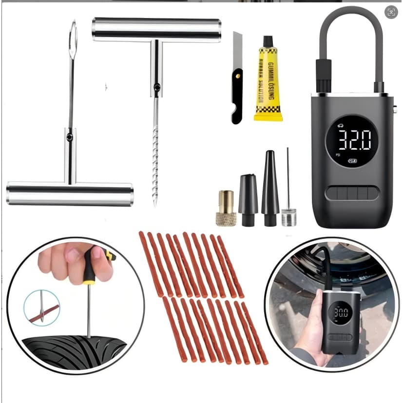 Kit ferramentas pneus com compressor digital e kit reparo pneus