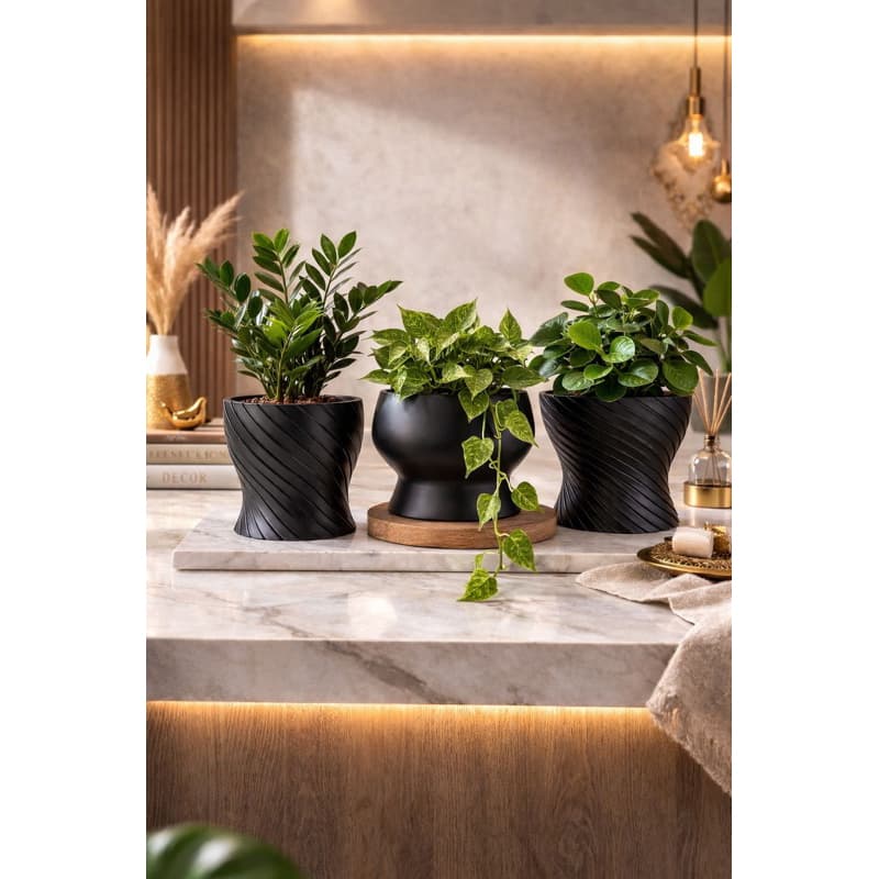 Kit de 3 vasos decorativos pretos com plantas verdes em balcão de mármore